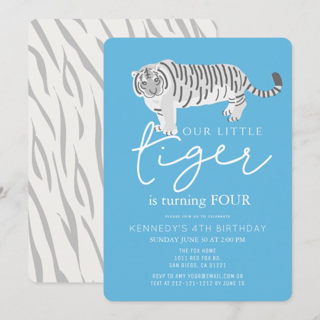 Modern Tiger Blue Kids Birthday Invitation (Front/Back)