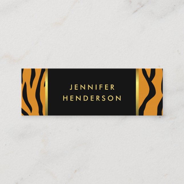 Modern tiger print black gold professional mini business card (Front)