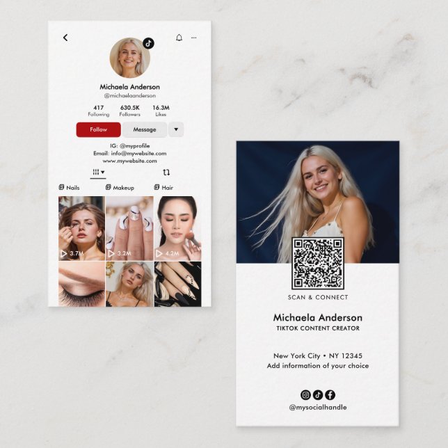 Modern TikTok Influencer QR Code & Socials Business Card (Front/Back)