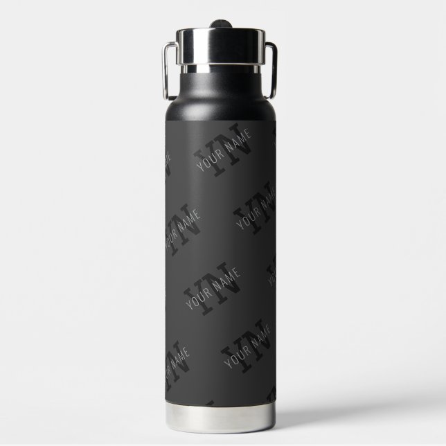Modern Tiled Dark Grey Monogrammed Name/other Text Water Bottle (Front)