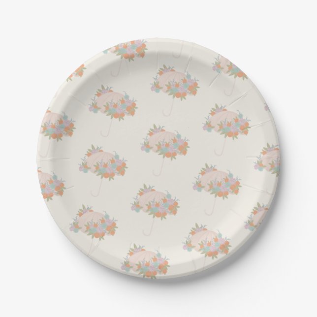 Modern Tiled Floral Umbrella Baby Shower Paper Plate (Front)