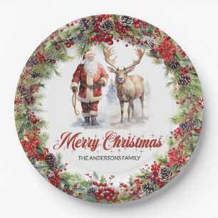 Modern timeless watercolor Santa Claus reindeer Paper Plate