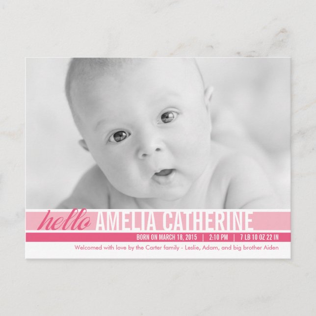 Modern Tones Birth Announcement - Pink (Front)