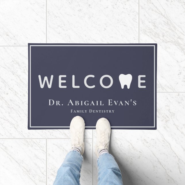Modern Tooth Icon Navy Blue Dentistry Welcome Doormat (Indoor)