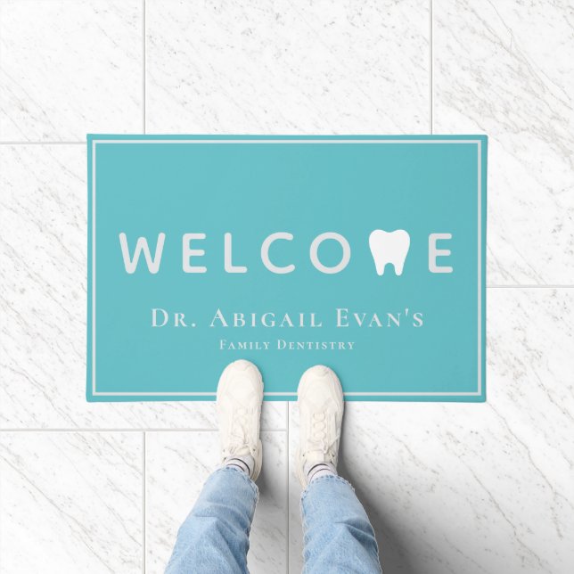 Modern Tooth Logo Light Teal Dentistry Welcome Doormat (Indoor)