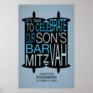 Modern Torah Bar Mitzvah Poster Grey and Blue