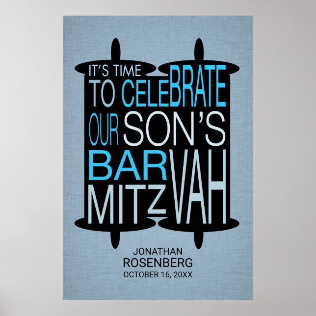 Modern Torah Bar Mitzvah Poster Grey and Blue (Front)