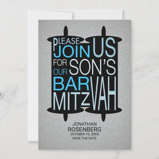 Modern Torah Bar Mitzvah Save the Date Grey Blue (Front)