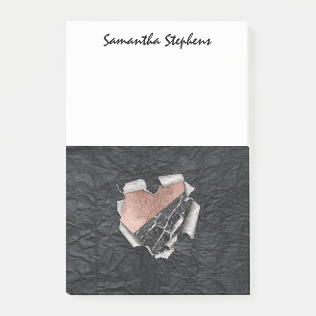 Modern Torn Paper Heart and Rose Gold Marble Post-it Notes (Front)