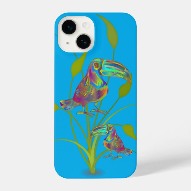 Modern Toucan Art with Plants Turquoise Phone Case (Back)