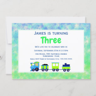 Modern Toy Train Watercolor 3rd Birthday Party Invitation