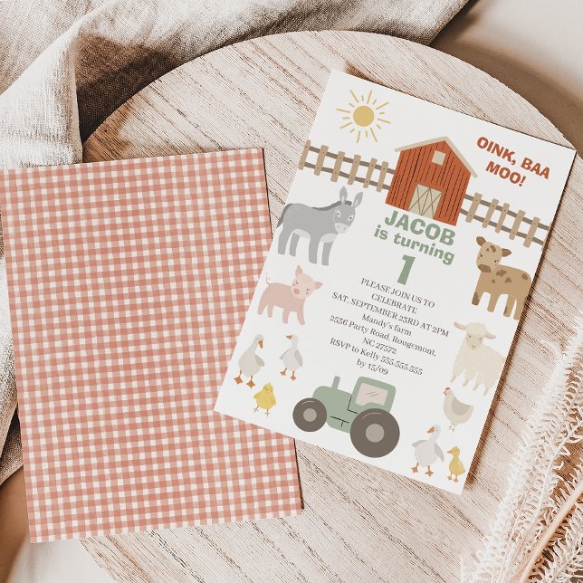 Modern Tractor Oink Baa Moo 1st Farm Birthday Invitation (Modern green tractor farm themed first birthday invitation featuring various farm animals.)
