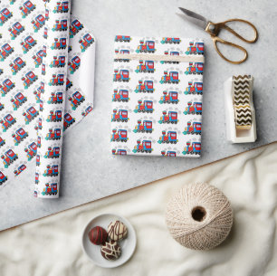 Modern Train Baby Watercolor Blue Birthday Kids Wrapping Paper