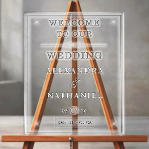 Modern Transparent Minimalist Black White Wedding  Acrylic Sign