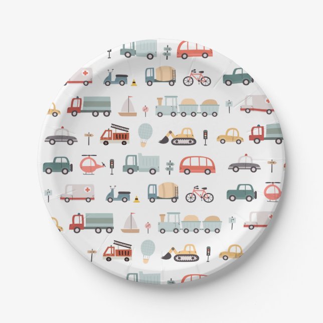 Modern Transportation Birthday Party Paper Plates (Front)
