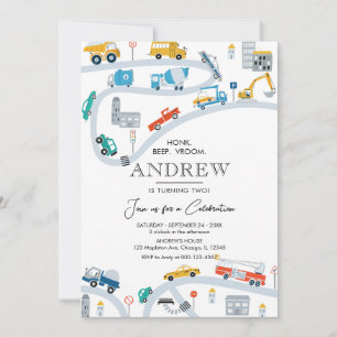 Modern Transportation Trucks and Cars Birthday Invitation