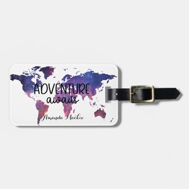 Modern Travel Adventure Awaits Girly Map Luggage Tag (Front Horizontal)