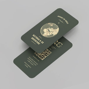 Modern Travel Agent Adventure Green Gold Globe Business Card