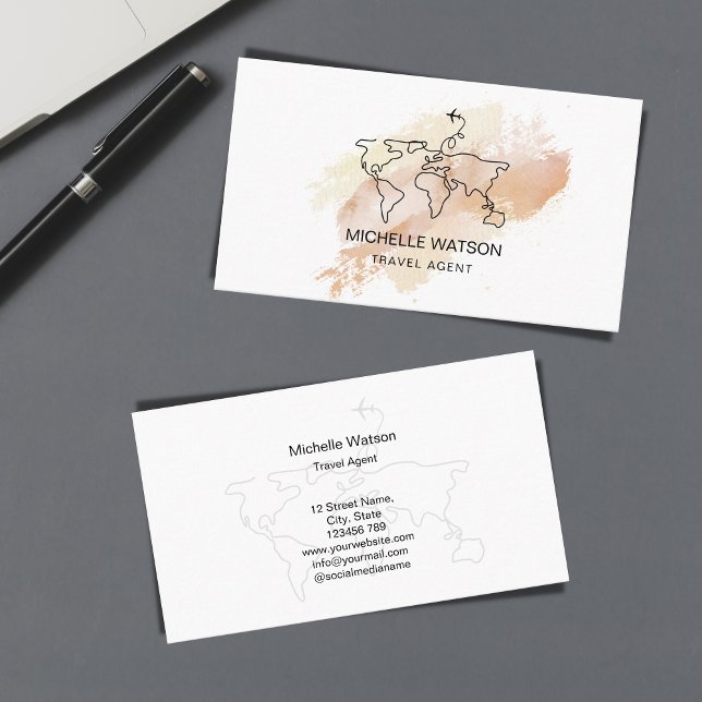 Modern Travel Agent World Map Aeroplane Vacation Business Card (line art world map)