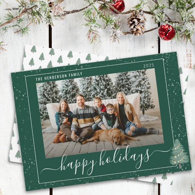 Modern Tree Festive Lights Snow Xmas Photo Green Holiday Card (Modern watercolor snowy woodland festive tree light christmas family photo happy holidays green card)