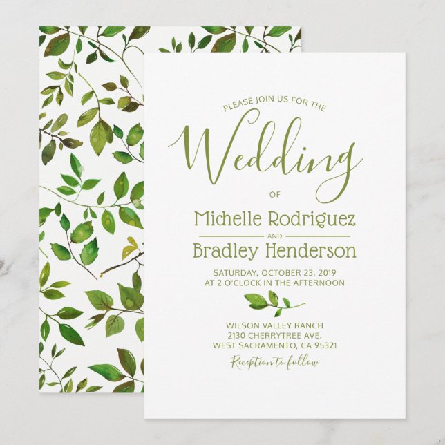 Modern Tree Greenery Watercolor Foliage Wedding Invitation (Front/Back)