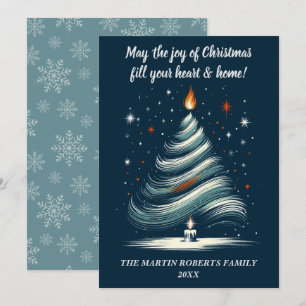 Modern Tree in Blue and Grey with Candle Holiday Card
