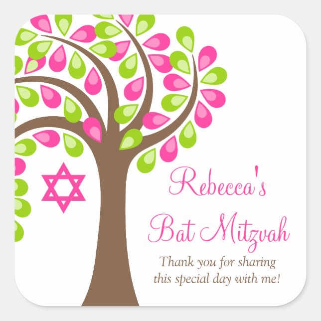 Modern Tree of Life Pink Green Bat Mitzvah Square Sticker (Front)