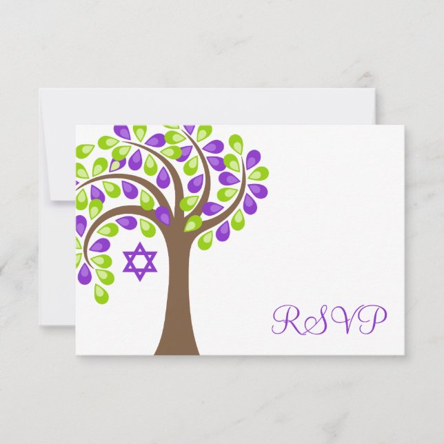 Modern Tree of Life Purple Green Bat Mitzvah RSVP Card (Front)