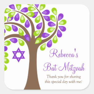 Modern Tree of Life Purple Green Bat Mitzvah Square Sticker
