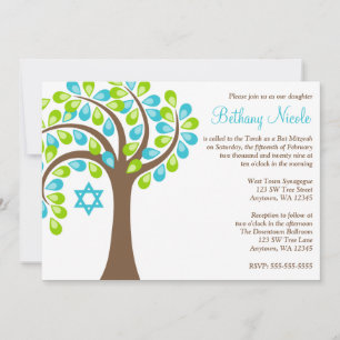 Modern Tree of Life Teal Blue Green Bat Mitzvah Invitation