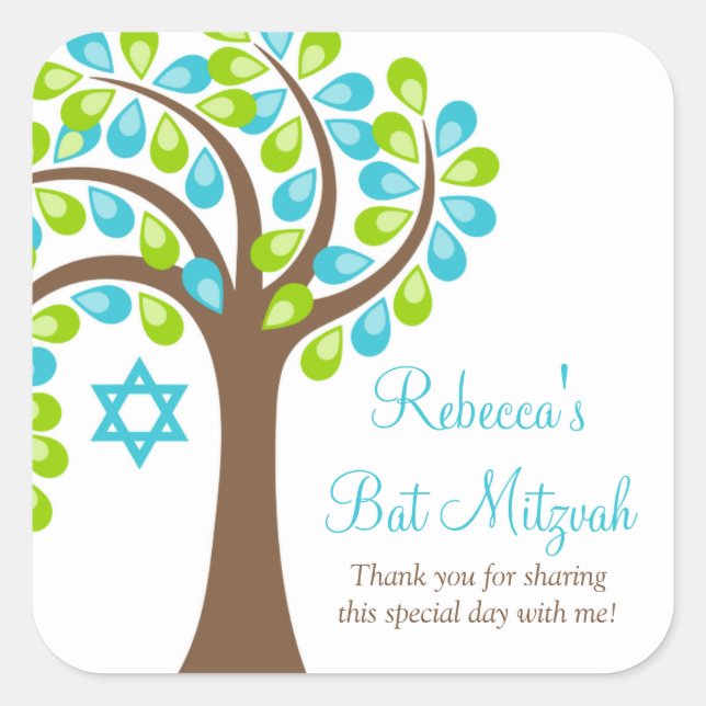 Modern Tree of Life Teal Blue Green Bat Mitzvah Square Sticker (Front)