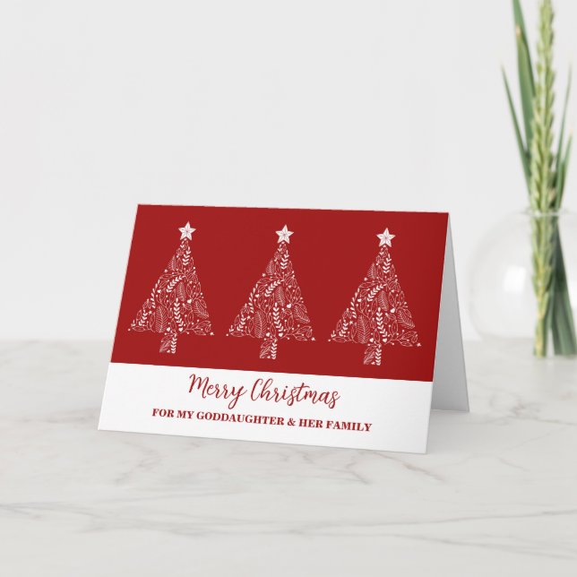 Modern Trees Goddaughter & Family Merry Christmas Card (Front)