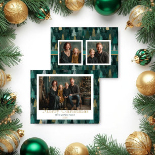 Modern Trees Green & Gold Photo Holiday Card