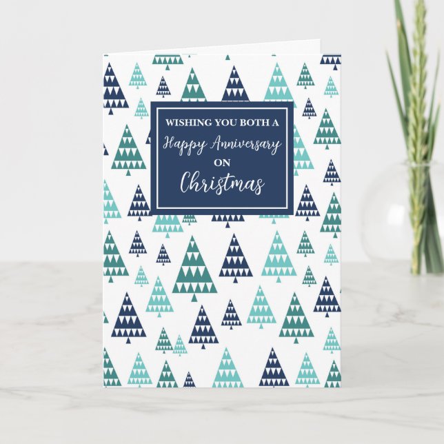 Modern Trees Happy Anniversary on Christmas Card (Front)