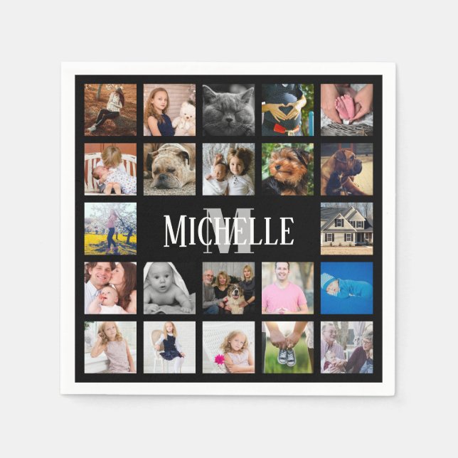 Modern Trendy 22 Family Photo Collage & Name Napkin (Front)