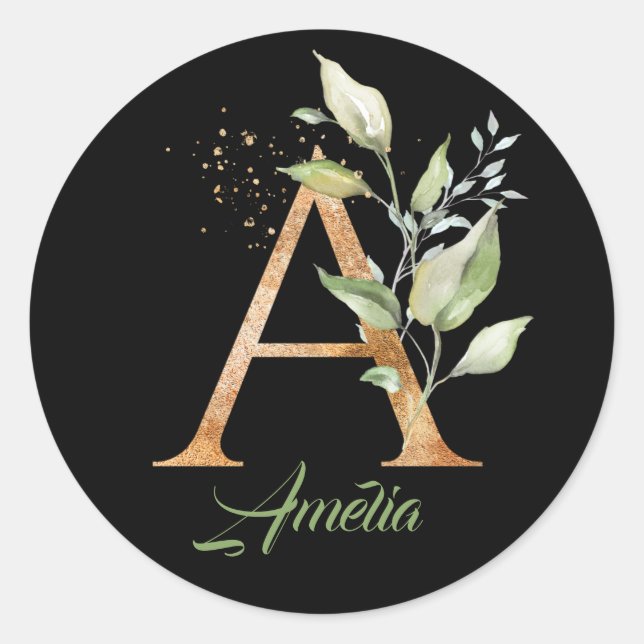 Modern trendy A monogram green and gold foil black Classic Round Sticker (Front)
