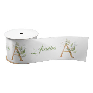 Modern trendy A monogram green and gold foil  Satin Ribbon
