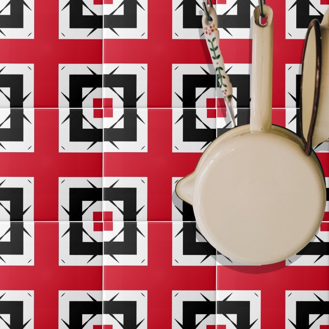 Modern Trendy Abstract Red Black & White Geometric Tile