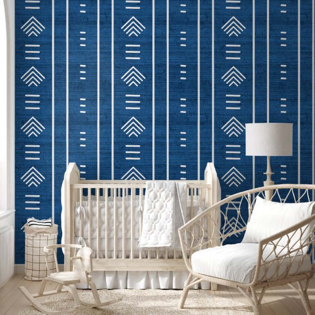 Modern Trendy African Mudcloth Arrows Blue Wallpaper (Kids)