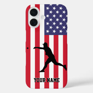 Modern Trendy American Flag Baseball Personalised iPhone 16 Case