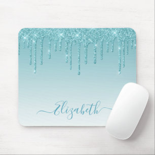 Modern Trendy Aqua Glitter Stylish Script Mouse Mat