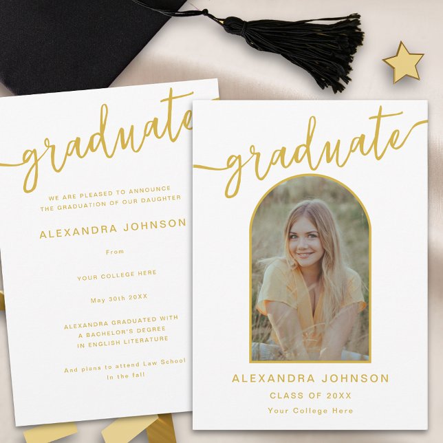 Modern Trendy Arch Photo Graduation Announcement (Modern trendy gold script arch photo graduation announcement card)