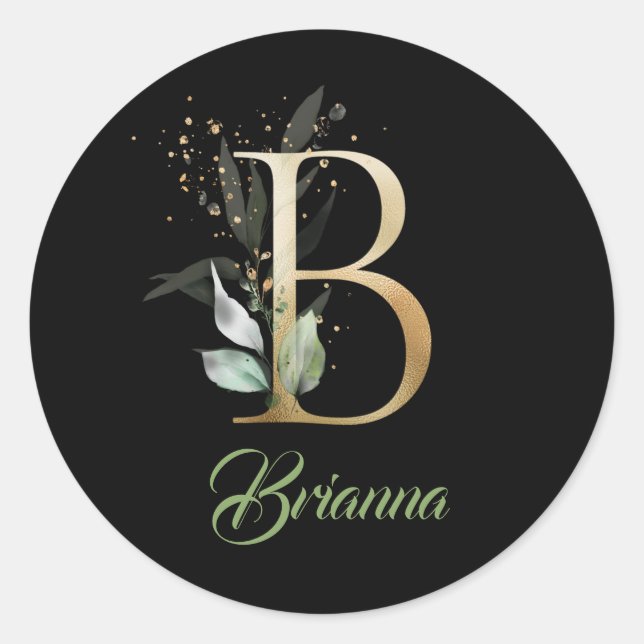Modern trendy B monogram green and gold foil black Classic Round Sticker (Front)