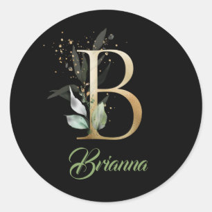 Modern trendy B monogram green and gold foil black Classic Round Sticker
