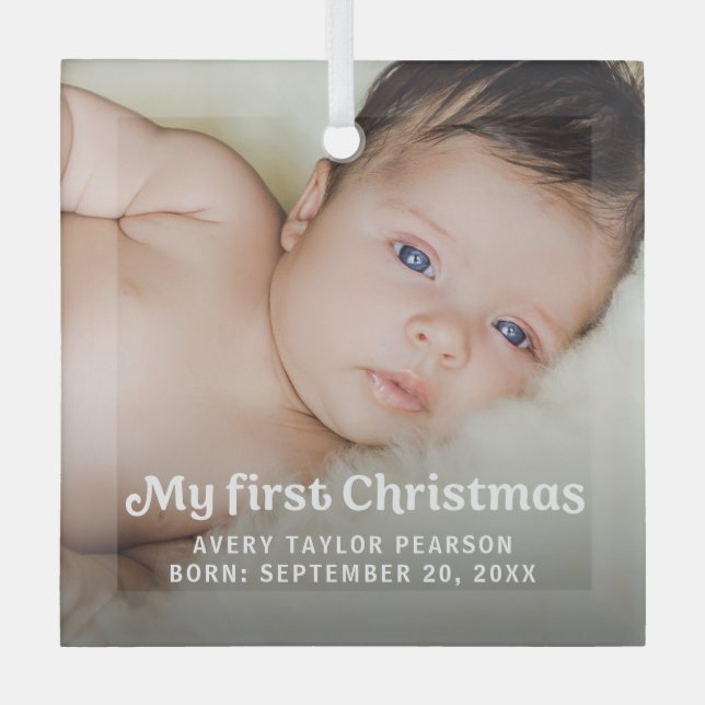Modern Trendy Baby's First Christmas Custom photo Glass Tree Decoration (Front)