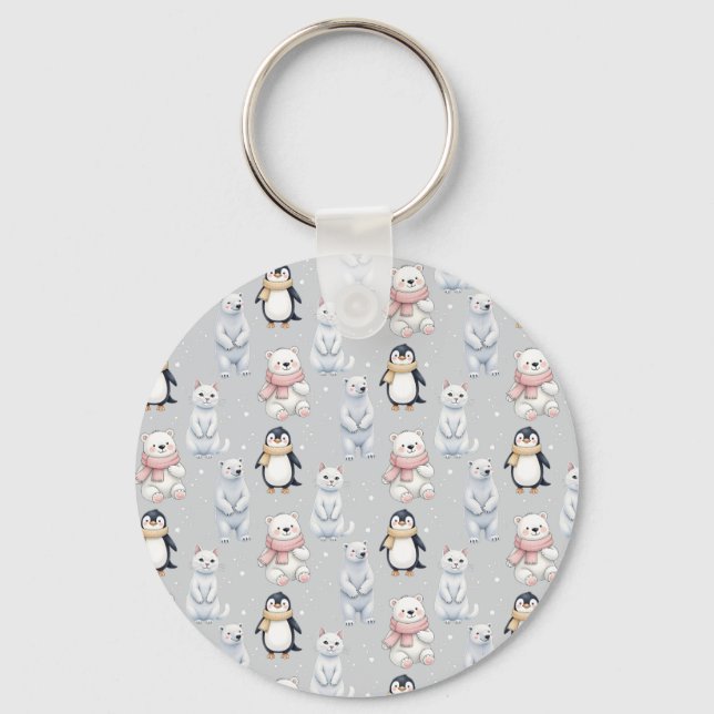 Modern Trendy Bear penguin cat Seamless Pattern Key Ring (Front)