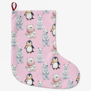 Modern Trendy Bear penguin cat Seamless Pattern Large Christmas Stocking