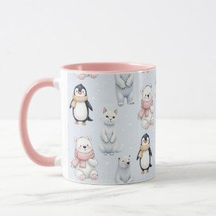 Modern Trendy Bear penguin cat Seamless Pattern  Mug
