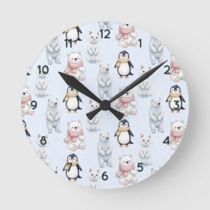Modern Trendy Bear penguin cat Seamless Pattern Round Clock