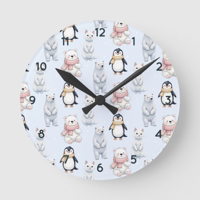 Modern Trendy Bear penguin cat Seamless Pattern    Round Clock (Front)